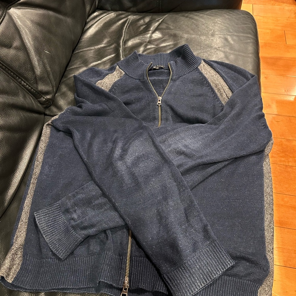Vintage THEORY Men's Navy and Gray Zip up Sweater Cardigan XL